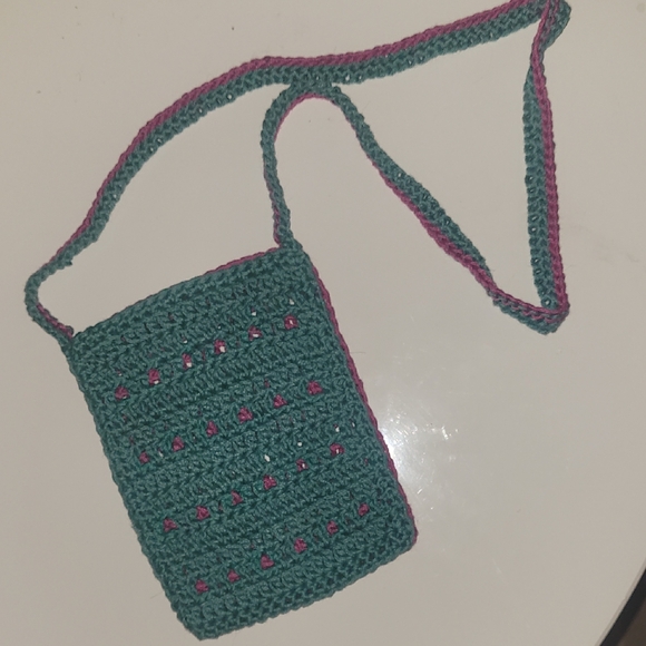 Crochet BOHO Handcrafted Teal Pink Bag Crossbody Cellphone Hipster Reversable - Picture 2 of 4